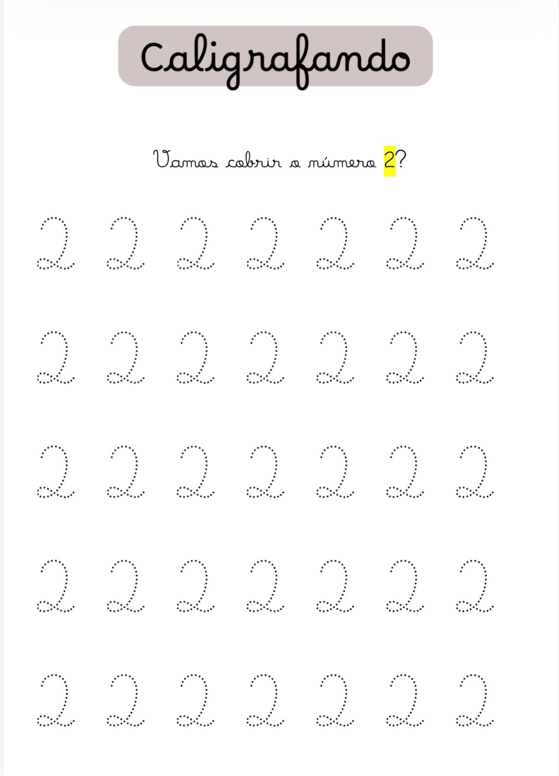 Atividade de cobrir o número 2 em cursiva